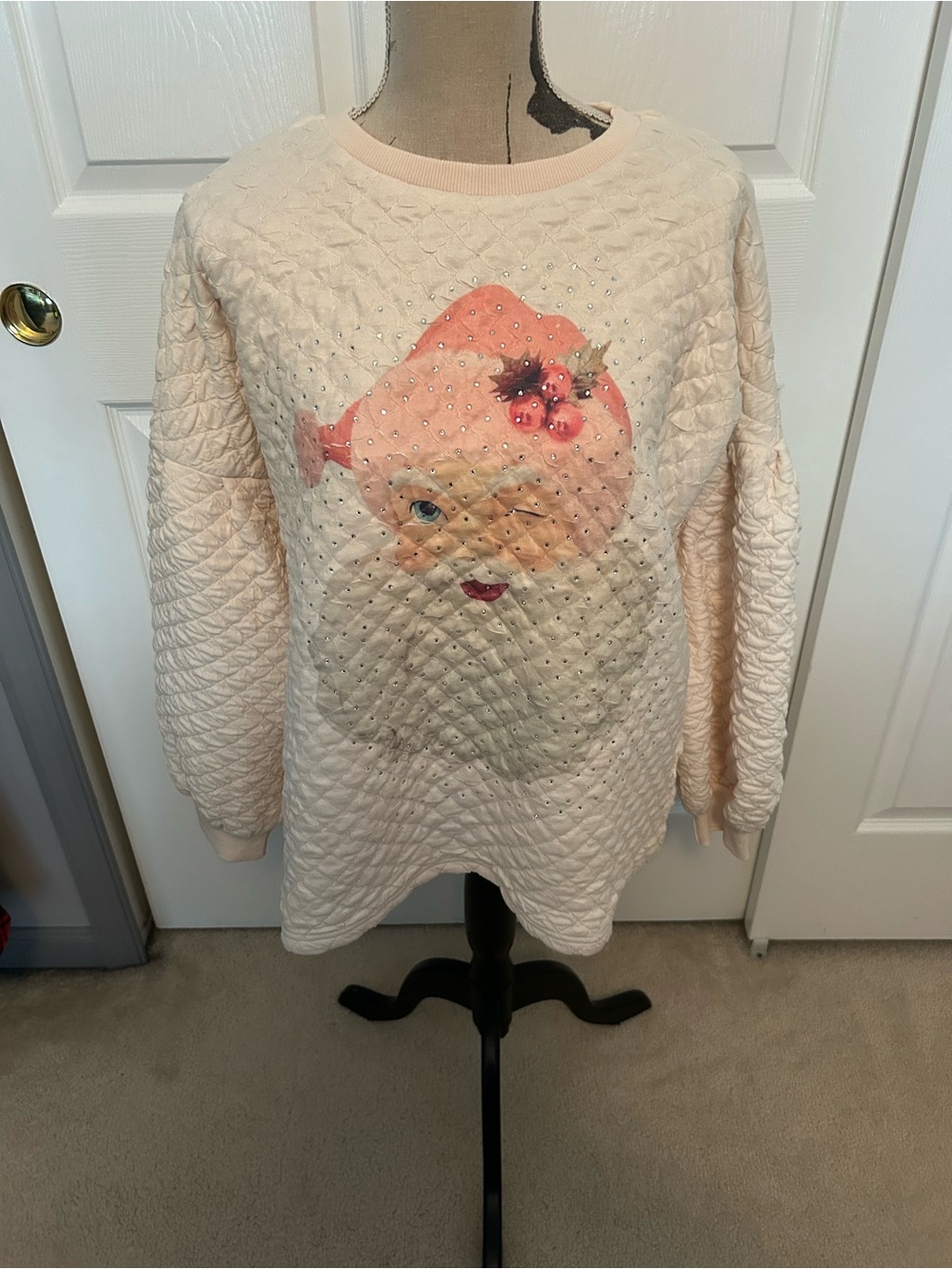 Judith March Cream Quilted Santa Rhinestone Sweatshirt